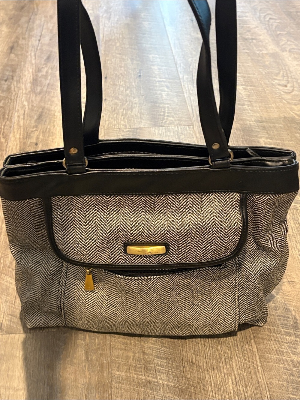 Women’s Black & Cream Herringbone Tote Bag with Gold Accents